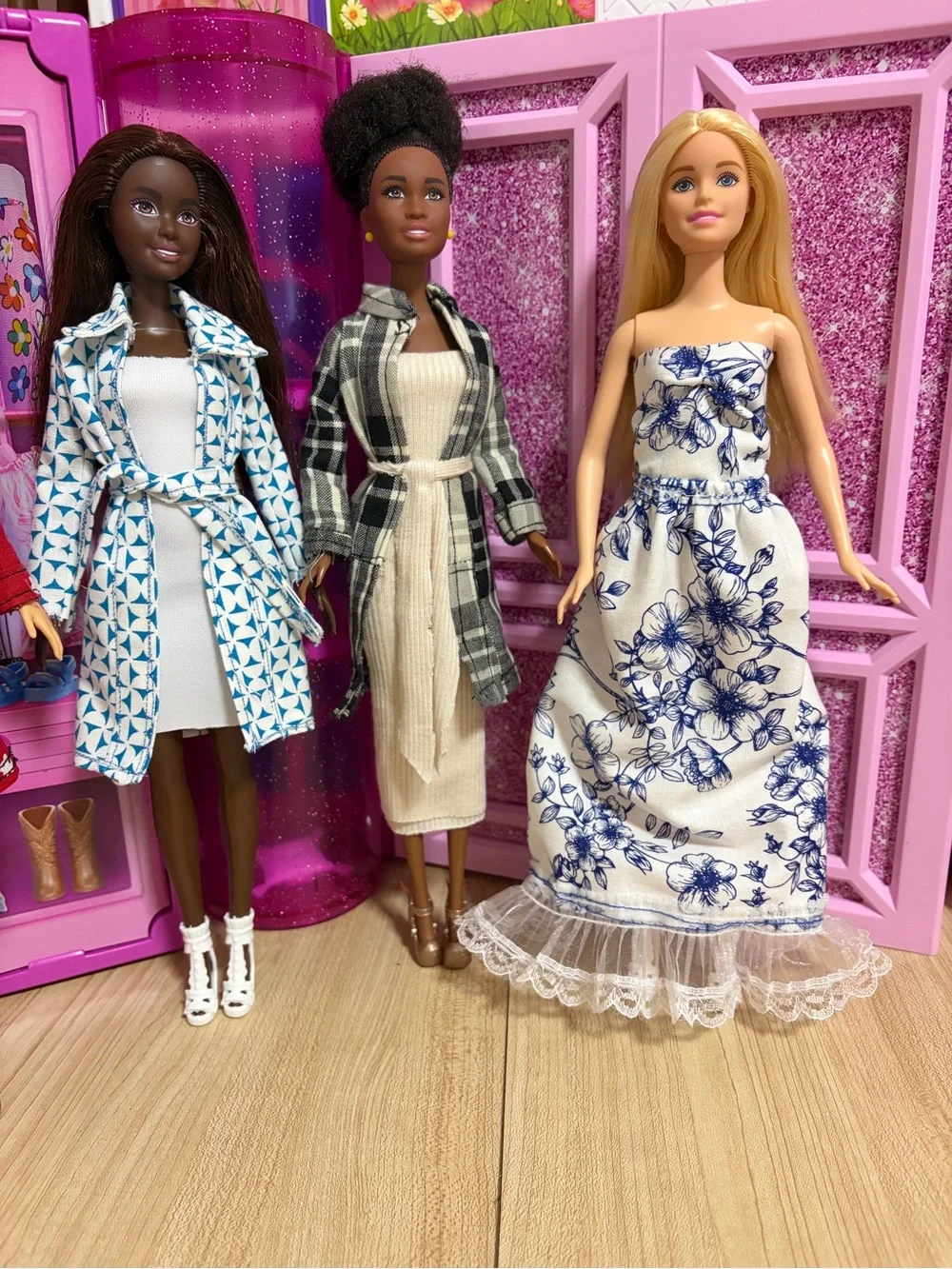 Barbie Dolls Outfit Set with Blue Patterned Trench and Black Plaid Coat